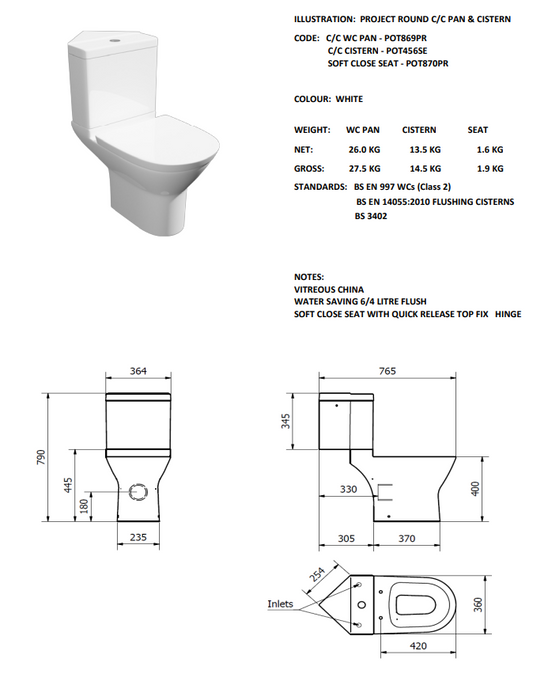 Project Round C/C WC Pan with Cistern & Soft Close Seat