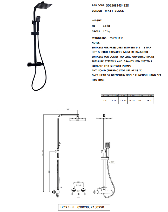 Nero Square Thermostatic Bar Shower with overhead drench and sliding handset