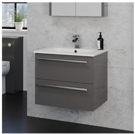 600 mm Wall Mounted 2 Drawer Unit Inc. Ceramic Basin