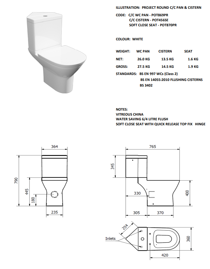 Project Round C/C WC Pan with Cistern & Soft Close Seat